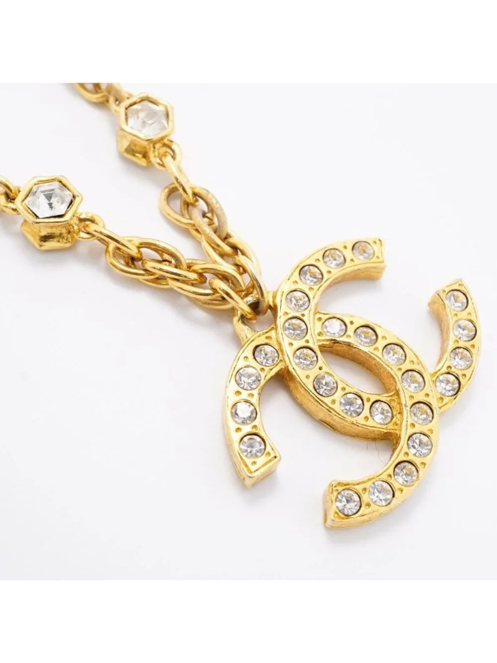 Chanel Necklace Vintage CC Logo Gold Plated Rhinestone